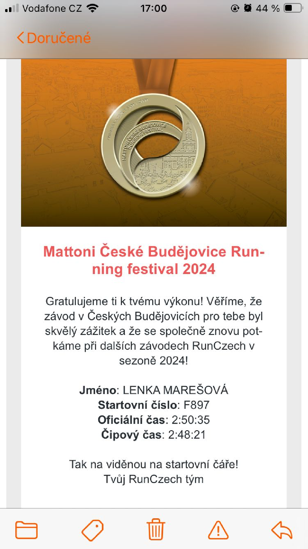 1.6.2024 ½ maraton České Budějovice. Zúčastnila se starostka Sokola Františkovy Lázně Lenka Marešová  Dále další členka Gabriela Licková s pejskem Arca, kteří získali 1.místo v kategorii „zvíře“ ????