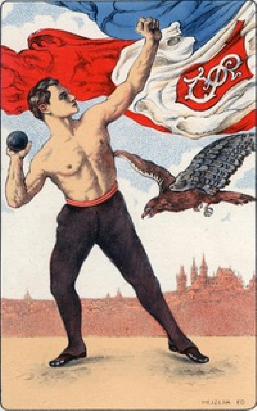 pohlednice-plakát sletu župy Tyršovy v Kolíně 20. 5. - 5. 6. 1922 u příležitosti slavnosti 60 let Sokola Kolínského